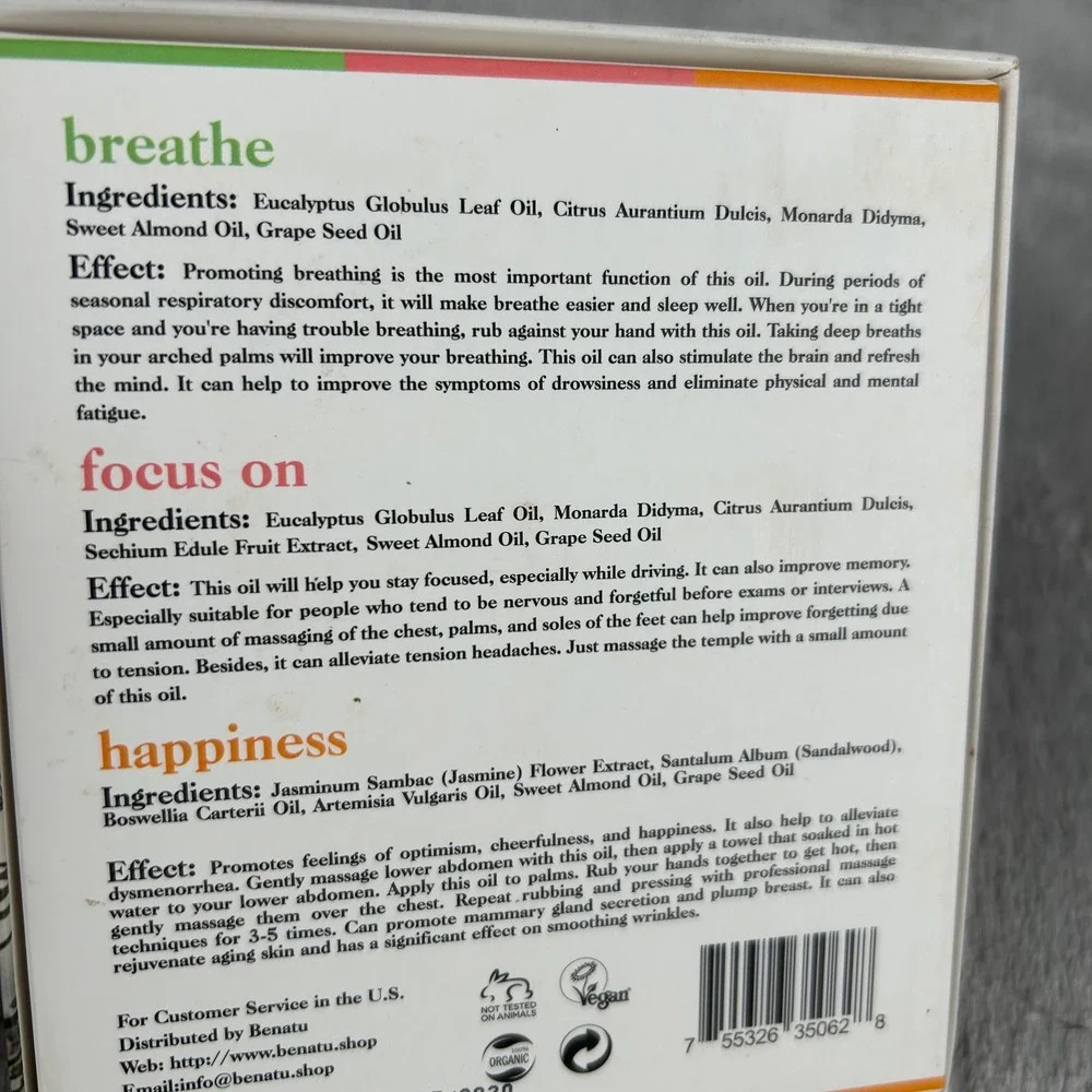 BeNatu Essential Oil Roll On Set 3pk Breathe Focus Happiness 10ml Aromatherapy